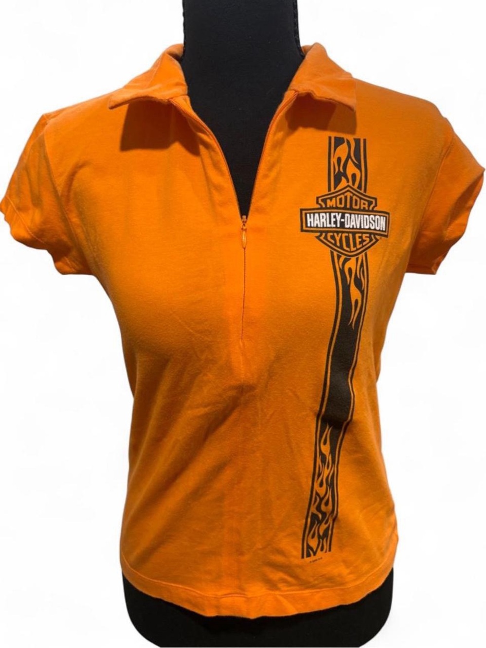 Harley‑Davidson Women's Orange Short Sleeve Zip Polo with Black Flame Stripe